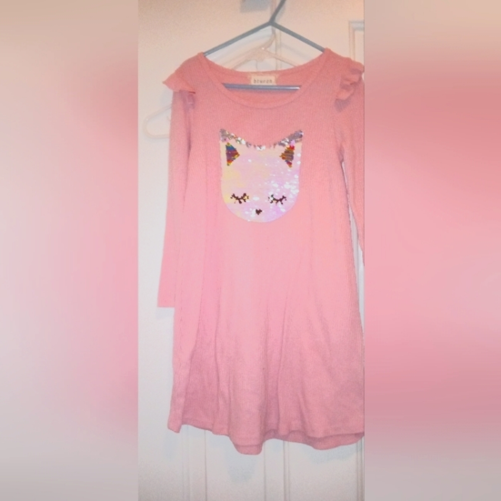 Girls long sleeve light weight thermal type beautiful flip sequin kitty dress